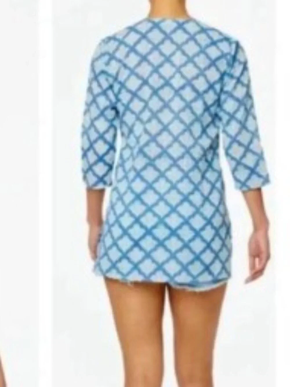 ROLLER RABBIT TUNIC TOP COTTON BLUE BLOCK PRINT INDIA 3/4 SLEEVE size S